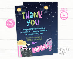 Movie Birthday Thank You Card, Editable Printable (Digital Item)