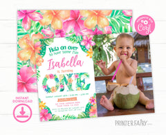 Luau First Birthday Invitation with Photo, Tropical Hula (Editable)