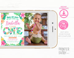 Luau First Birthday Invitation with Photo, Tropical Hula (Editable)