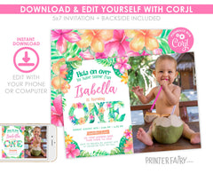 Luau First Birthday Invitation with Photo, Tropical Hula (Editable)