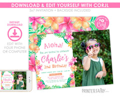 Luau 2nd Birthday Photo Invitation, Editable Hawaiian Theme (Digital)