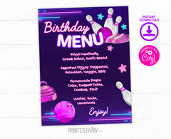 Bowling Birthday Party Menu, Editable Printable Sign (Instant Download)