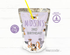 Puppy Birthday Drink Pouch Label, Editable Pet Adoption Party (Digital)