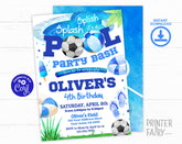 Soccer Pool Birthday Party Invitation, Summer Kids (Digital Editable)