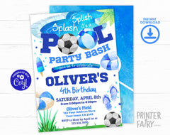 Soccer Pool Birthday Party Invitation, Summer Kids (Digital Editable)
