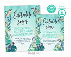 Sea Turtle Birthday Party Sign, Editable Template (Digital Download)