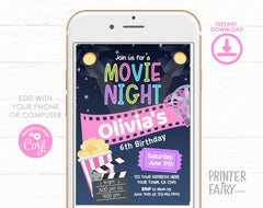 Editable Movie Night Birthday Invitation Template (Digital)