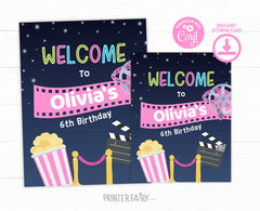 Editable Movie Night Birthday Welcome Sign Template (Instant Download)