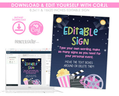 Movie Night Party Sign Template, Editable Printable (Instant Download)