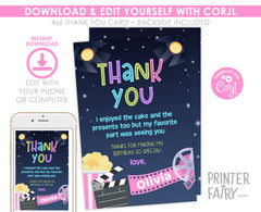 Movie Birthday Thank You Card, Editable Printable (Digital Item)
