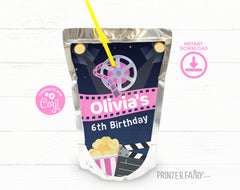 Editable Movie Birthday Party Drink Pouch Label (Digital)