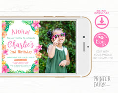 Luau 2nd Birthday Photo Invitation, Editable Hawaiian Theme (Digital)