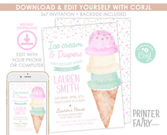Ice Cream Baby Shower Invitation Editable Template, Instant Download