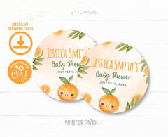 Orange Baby Shower Party Toppers, Editable Round Labels (Digital Download)