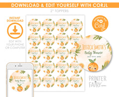 Orange Baby Shower Party Toppers, Editable Round Labels (Digital Download)