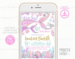 Mermaid Baby Shower Invitation Editable Template, INSTANT DOWNLOAD