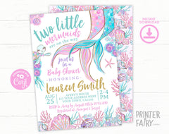 Mermaid Twins Baby Shower Invitation, Editable Template (Digital Download)