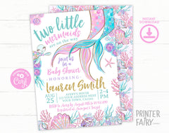 Mermaid Twins Baby Shower Invitation, Editable Template (Digital Download)