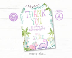 Editable Dinosaur Thank You Tags, Girl Birthday Party (Instant Download)