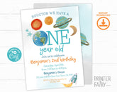Outer Space First Birthday Invitation, Planets, Rocket (Editable Template)