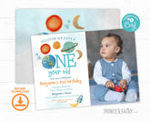 Outer Space First Birthday Invitation with Photo, Galaxy Rocket Party (Editable Template)