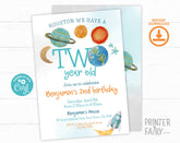 Outer Space Second Birthday Invitation, Rocket Ship Planets (Editable Template)