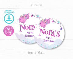 Girl Dragon Birthday Party Toppers, Printable Round Labels (Instant Download)