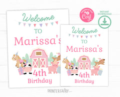 Farm Birthday Welcome Sign, Pink Barnyard Animals (Editable Digital Download)