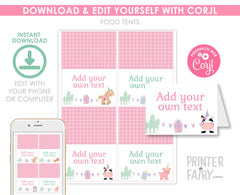 Farm Birthday Party Food Tents, Pink Barnyard Animals (Editable Digital Item)