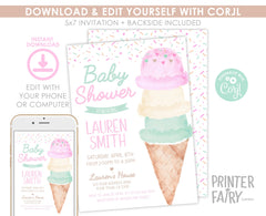 Ice Cream Baby Shower Invitation Editable Template (Digital Instant Download)