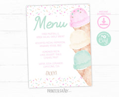 Ice Cream Party Menu Editable Template, Instant Download