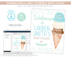 Ice Cream Baby Shower Welcome Sign Editable Template, INSTANT DOWNLOAD