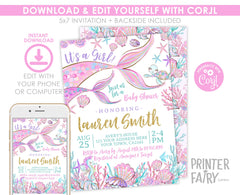 Mermaid Baby Shower Invitation Editable Template, INSTANT DOWNLOAD