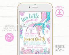 Mermaid Twins Baby Shower Invitation, Editable Template (Digital Download)