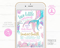 Mermaid Twins Baby Shower Invitation, Editable Template (Digital Download)