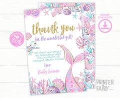 Mermaid Baby Shower Thank You Card, Editable Template (Digital Download)