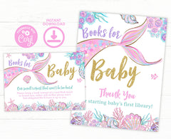 Mermaid Baby Shower Books for Baby Sign & Card (Editable Digital Download)
