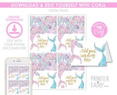 Mermaid Baby Shower Printable Food Tents Editable Templates, Instant Download
