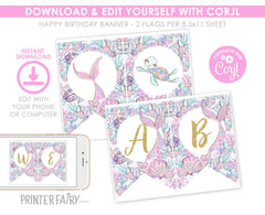 Mermaid Baby Shower Banner, Editable Bunting (Digital Download)