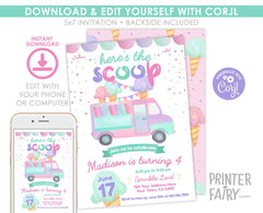 Ice Cream Truck Birthday Invitation, Editable Template (Digital Download)