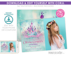 Princess Castle Birthday Invitation with Photo, Editable (Digital Download)