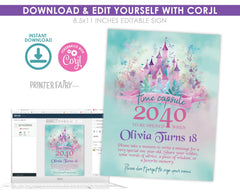 Princess First Birthday Time Capsule Sign & Card (Editable Digital Download)