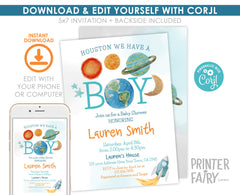 Outer Space Baby Shower Invitation, Planets, Rocket Ship (Editable)