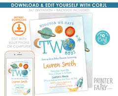 Space Twins Baby Shower Invitation, Rocket Ship (Editable Digital Download)