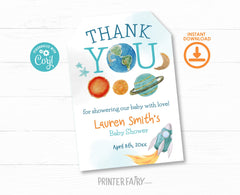 Outer Space Birthday Thank You Tags, Planets, Rocket (Editable Template)