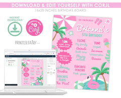 Pool Party Birthday Board, Pink Stats Sign (Editable Digital Item)