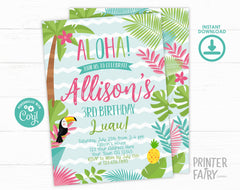 Editable Luau Birthday Invitation, Tropical Beach Party (Instant Download)