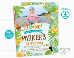 Luau Birthday Party Invitation Template with Photo, Instant Download