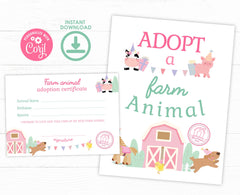 Farm Animals Adoption Pack, Editable Birthday Party Decor (Digital Item)