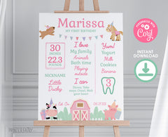 Farm First Birthday Stats Sign, Pink Barnyard Party (Download)